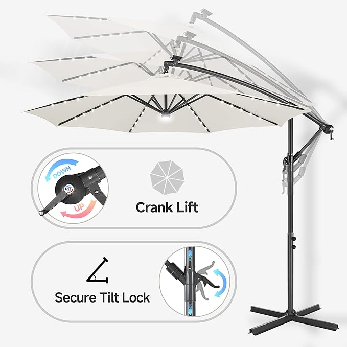 FLAME&SHADE 10ft Solar Cantilever Umbrella with 40 LED Lights, Lighted Large Offset Outdoor Patio Umbrellas, 8 Sturdy Ribs, UPF50+ UV Protection for Pool Deck Garden Yard, Ivory
