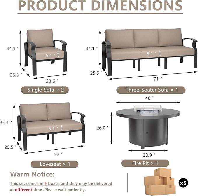 ALAULM Aluminum Patio Furniture Set with Round Propane Fire Pit Table 7-seat Metal Outdoor Furniture w/5.1" Cushions Patio Sectional Sofas for Porch, Lawn, Poolside（Sand
