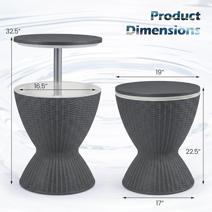 Giantex Outdoor Ice Cooler Side Table with Adjustable Height, 8 Gal Beverage Bucket with Drain Plug, Rattan Patio Bar Table for Poolside, Deck, BBQ & Backyard Parties