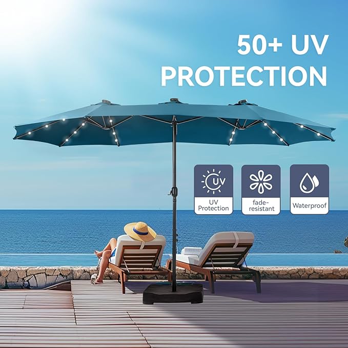 GREEN PARTY 15 ft Large Outdoor Patio Umbrella with Solar Led Lights & Base Included, Double-Sided Rectangular Table Umbrella with Stand, Market Umbrellas for Deck Poolside Garden Backyard, Cerulean