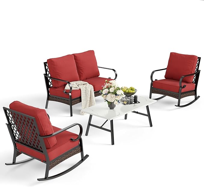 4 Piece Metal Outdoor Patio Furniture Sets, Patio Conversation Sets 1 Loveseat, 2 Rocking Sofa with 5.75" Extra Thick Cushion and Coffee Table, Balck Frame Backyard Furniture, Rust Red