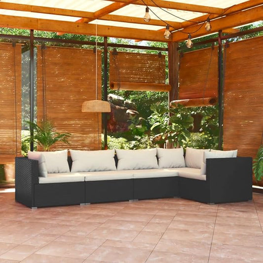 5 Piece Patio Lounge Set with CushionsOutdoor Dining Chairs,Patio Furniture Set,Outdoor Sectional Sofa,Patio Conversation Seat,Outdoor Seating,Modern Style,for Garden,Backyard, Poly Rattan Black