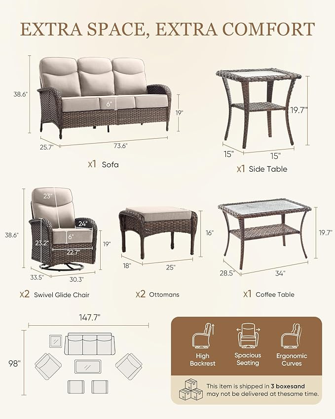 Belord Upgraded 6“ Cushion Luxury Patio Furniture Set with Fire Pit Table - 7 Piece Wicker Furniture Set with High Back Swivel Rocker Patio Chairs, Conversation Set for Deck Porch Yard - Brown/Beige