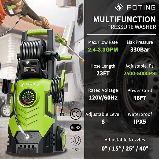 2026Upgraded Pressure Washer 5000PSI with Adjustable Touch Screen 8 Level, 34" Tall, 4 Quick Connect Nozzles,Inlet Hose&Filter&500mlFoam Cannon for Cars/Fences/Driveways/Home Cleaning,Green