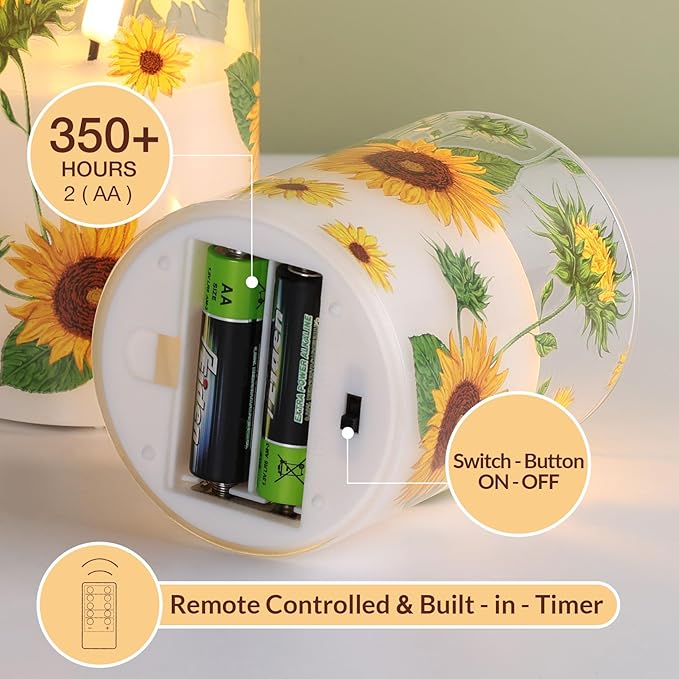 Sunflower Glass Flameless Pillar Candles with Remote, Flickering LED Battery Candles Spring Home Decor Set of 3