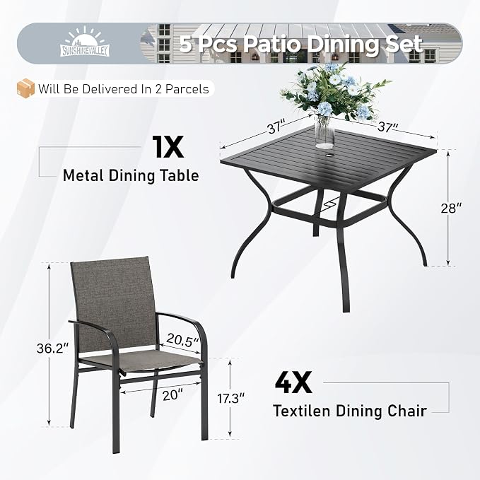 SUNSHINE VALLEY Patio Dining Set of 4, 37”Square Table with Umbrella Hole, Brown Metal Chairs x 4, Outdoor Table and Chairs for Lawn and Deck