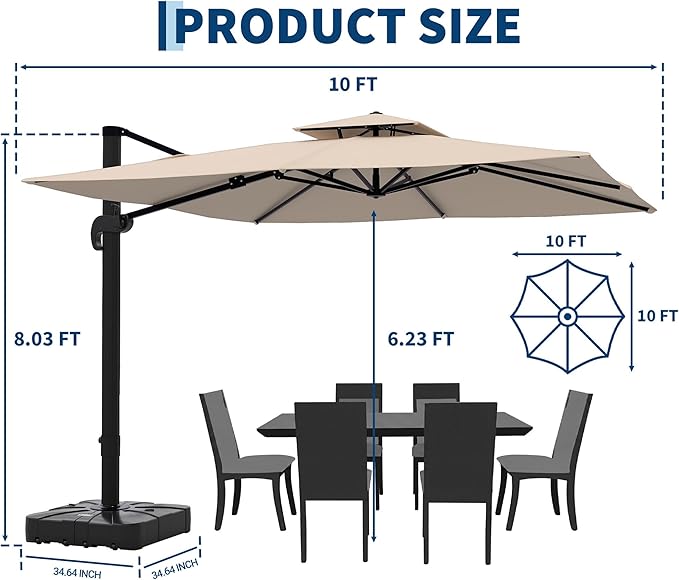 10x10 FT Square Outdoor Umbrella with Base, Cantilever Patio Umbrella with 360° Rotation & Adjustable Height, Heavy Duty Aluminum Umbrella Outdoor Patio for Garden Poolside,Khaki