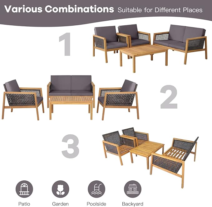 4 Pieces Outdoor Acacia Wood Furniture Sofa Set, Outdoor PE Wicker Conversation Set with Coffee Table and Soft Cushions for Garden, Poolside and Backyard (1, Grey)