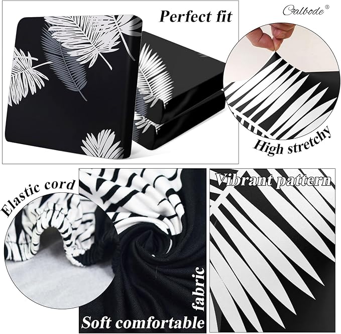 CALBODE 8Pcs Stretch Patio Cushion Covers Dustproof Outdoor Cushion Covers Washable Patio Couch Cover Slipcovers for Outdoor Furniture Protector Replacement(Black Palm Leaves, Cover Only)