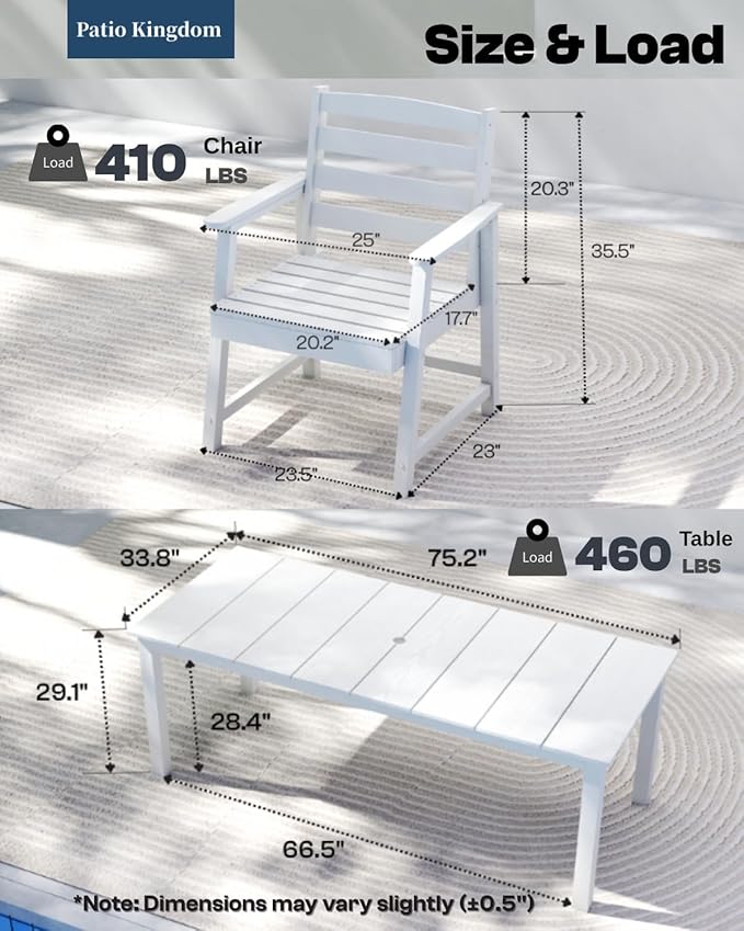 7-Piece Outdoor Dining Set for 6, 75.2" HDPE Patio Table with Umbrella Hole & 6 Chairs, Weather-Resistant Wood-Look Patio Furniture for Garden, Lawn, Deck, or Poolside (White)