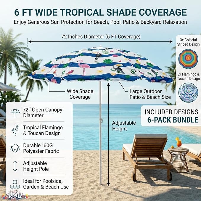 PMU 6 Pcs Set Beach Umbrella 72in Open – Tropical Flamingo Print & Rainbow Stripe, 160G Polyester Large Outdoor Patio Pool Parasol Umbrella for Garden, Deck, Backyard & Pool