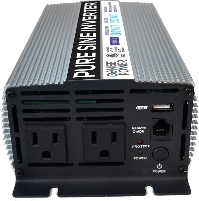 GoWISE Power 600W Pure Sine Wave Inverter 12V DC to 115V AC with 2 AC Outlets + 1 5V USB Port and 2 Clamp Cables (1200W Peak) PS1001