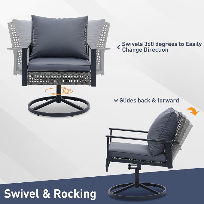 Ainfox 3 Pieces Patio Wicker Chairs Swivel Rocker, Outdoor Swivel Rocker Patio Chairs with Rattan Side Table, Patio Furniture Set for Patio Porch Pool, Grey