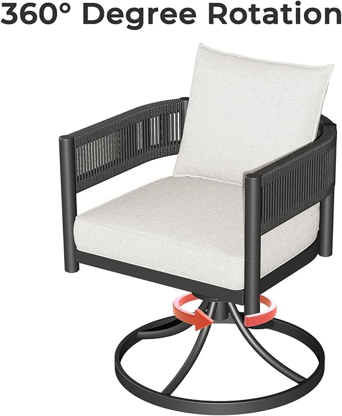 Grand patio 7 PCS Outdoor Dining Set, Patio Table and Chairs Set for 6, Metal Woven Wicker Swivel Patio Chairs with Thickened Cushions & 1 Rectangular Woodgrain Dining Table with Umbrella Hole (Black)