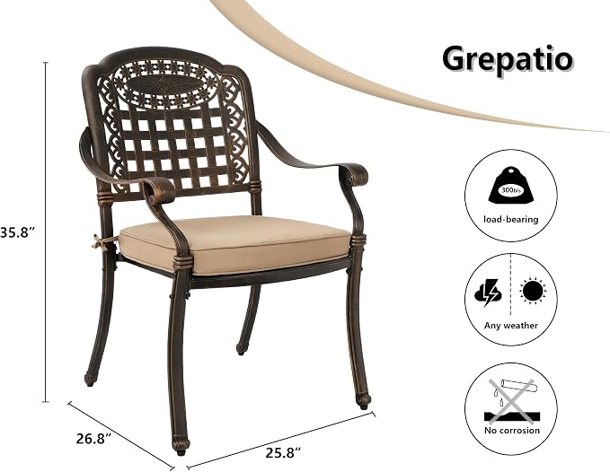 Grepatio Patio Dining Chairs Stackable Outdoor Chair Dining Furniture Set of 2, All Weather Cast Aluminum Dining Chairs with Cushion for Porch, Yard, Balcony Antique Bronze