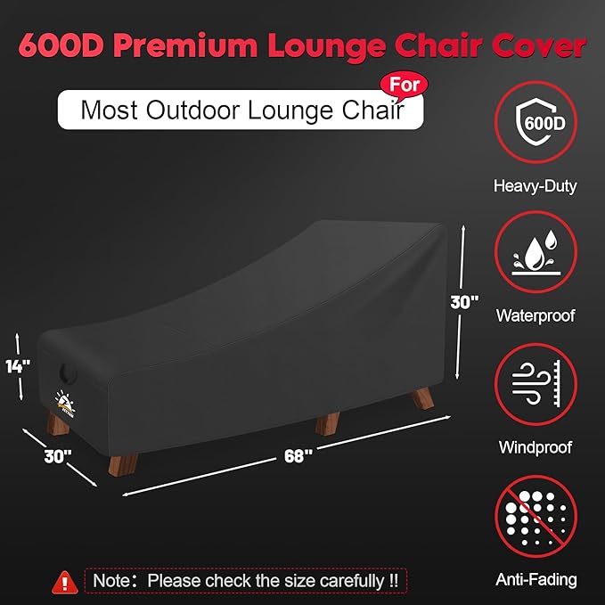 Zettum Outdoor Lounge Chair Cover - 600D Waterproof Patio Chaise Lounge Chair Cover, Fade-Resistant Outdoor Seating Covers, Lawn Bench Furniture 68 x 30 x 30 Inch