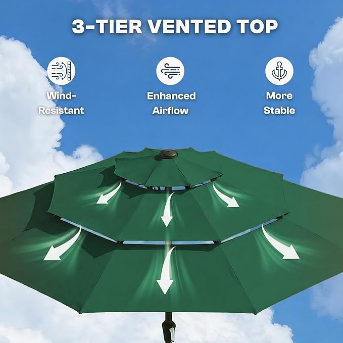 10ft 3-Tier Patio Umbrella with 32 Solar Powered LED Lights, Windproof Outdoor Market Umbrella for Deck, Poolside & Garden, Sturdy Push-Button Tilt Table Umbrella, Forest Green