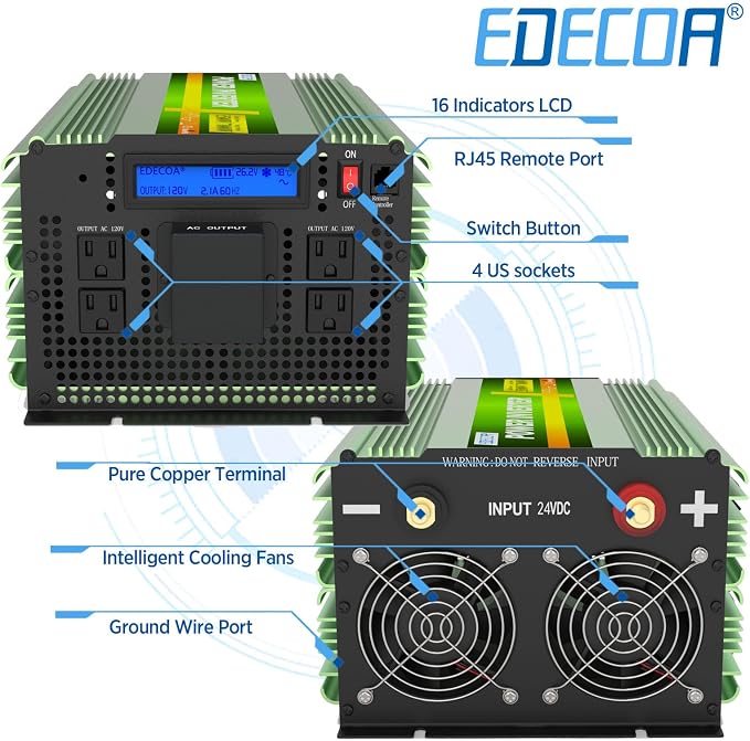 EDECOA 24V 3500W Pure Sine Wave Power Inverter | DC 24V to AC 110V 120V, 4 AC Outlets, 1 Hardwire Terminal, LCD Display, Remote Controller