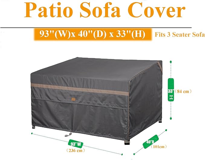 Heavy Duty Waterproof Outdoor Patio Loveseat Sofa Cover UV Resistant Patio Furniture Covers 3 Seater 93" W X 40" D X 33" H Dark Grey