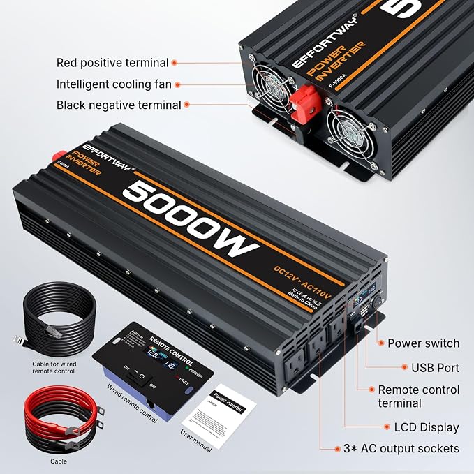 5000W Power Inverter, 12V DC to 110V/120V Modified Sine Wave Inverter with 3 AC Outlets, USB Port, Wired Remote Controller, Car Power Inverter for RV, Truck, Boat, Camping, Off-Grid