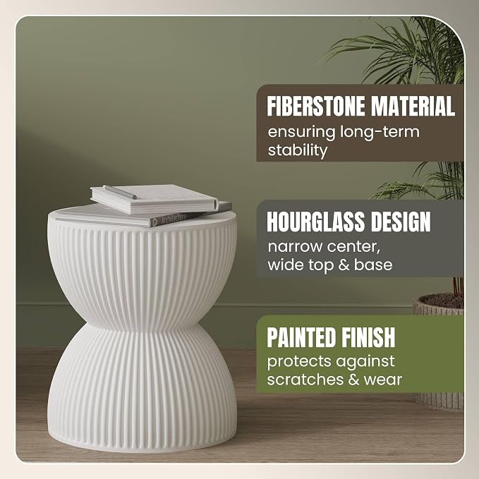 LeisureMod 15" Round Hourglass Fiberstone Side Table, Modern Accent End Table for Indoor Outdoor Use, Durable Small Table for Living Room, Patio, Balcony, or Garden - White