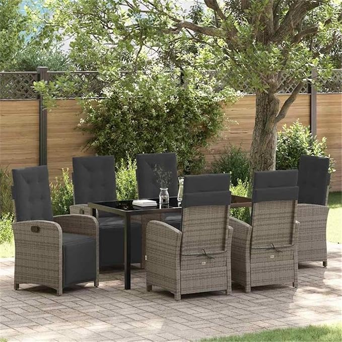 Afuera Living 7 Piece Poly Rattan Garden Dining Set, Gray Finish, Tempered Glass Top, Cushions Included, Ergonomic Armrests, Weather-Resistant Patio Dining Furniture for Outdoor and Garden Use