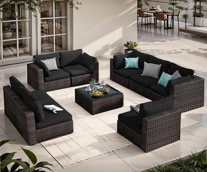 9 Piece Patio Furniture Set All Weather PE Rattan Outdoor Sectional Sofa Couch with No-Slip Cushions and Glass Top Table for Garden, Poolside, Backyard (Black)