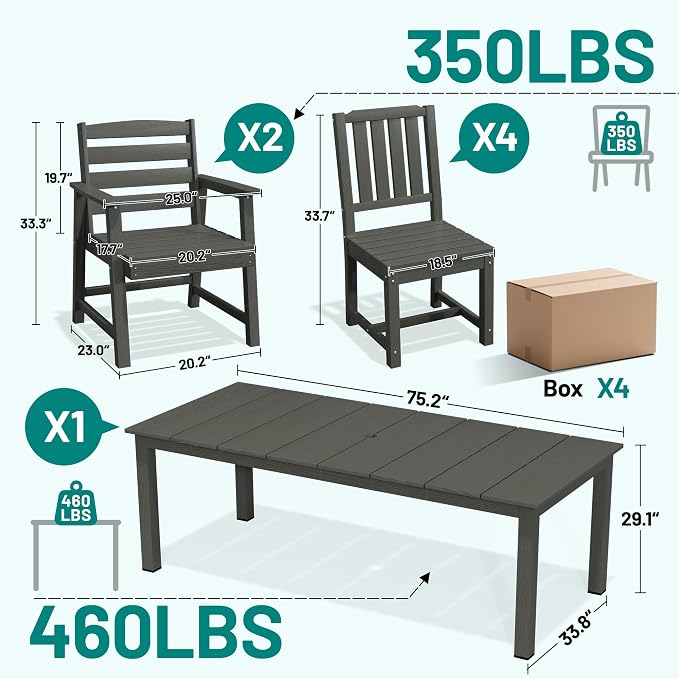 PLUUV 7-Piece Outdoor Patio Dining Set, All-Weather HDPE Dining Furniture Set with Umbrella Hole Cut-Out Table, Aluminum Table Legs, and 6 Chairs, Waterproof & Easy Clean for Backyard, Garden, Grey