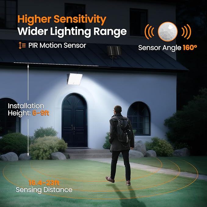 Solar Lights Outdoor Waterproof Motion Sensor Security Lights, Upgraded Convex Lens 150% Bright, 184 LED, 3 Modes, 16.4 ft Cord, Outdoor Light for Patio, Porch, Backyard, Garage