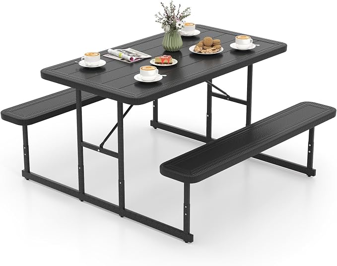 Picnic Table Set for 2-4 People, Umbrella Hole, Heavy-Duty Metal Frame & 2 Benches, HDPE Rectangular Outdoor Dinning Table & Benches for Outside, Patio, Garden, Backyard, Porch (Black)