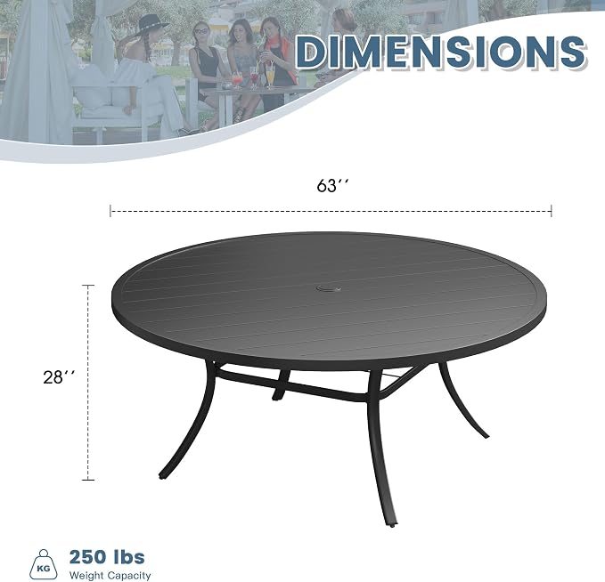 DIFY 63" Round Outdoor Patio Dining Table for 8-10, Metal Patio Table with 1.57" Adjustable Umbrella Hole, All-Weather Outdoor Furniture Table for Garden Backyard Deck, Black