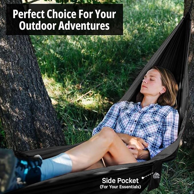 Vigel Camping Hammock - Durable Hammock, Nylon Hammock - Double or Single Hammocks - Portable Tree Hammocks for Outside - Easy to Set, Camping Accessories for Outdoor, Travel, Hiking