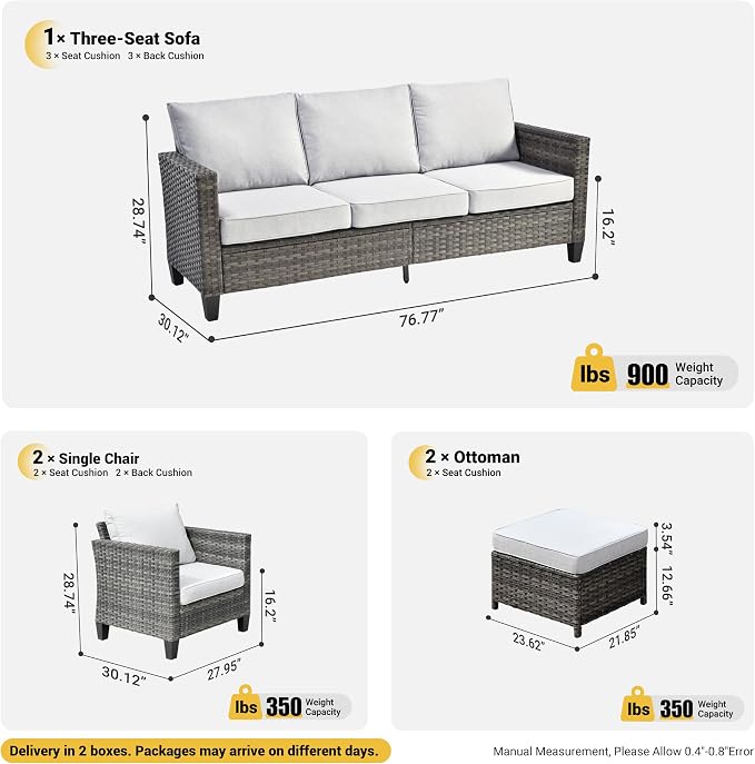 ovios 5 Pieces Patio Furniture Set, Outdoor Wicker Sofa Couch with Chairs Comfy Cushions, All Weather Grey Rattan Conversation Set for Backyard Deck Porch, Grey