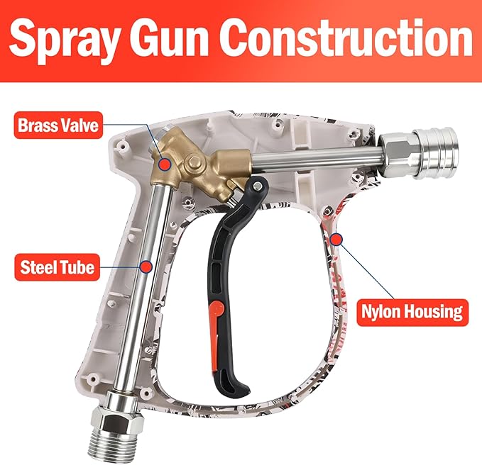 Bear Force High Pressure Washer Gun 3000 PSI Max, Color Painted Power Washer Short Gun M22-ID14mm with 1/4” Quick Connector & 5 Spray Nozzles, Car Wash, Car Cleaning, Car Care Detailing