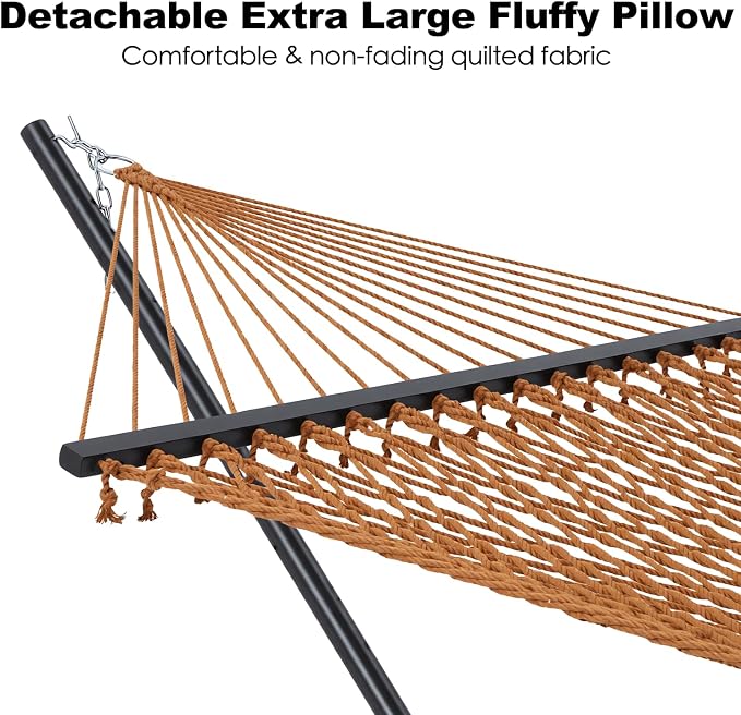 GAFETE 2 Person Hammock with Stand for Outside, 52inch Double Cotton Rope Hammock, Heavy Duty Steel Stand, Large Removable Pillow, Max 475 lbs Capacity (Coffee Brown)