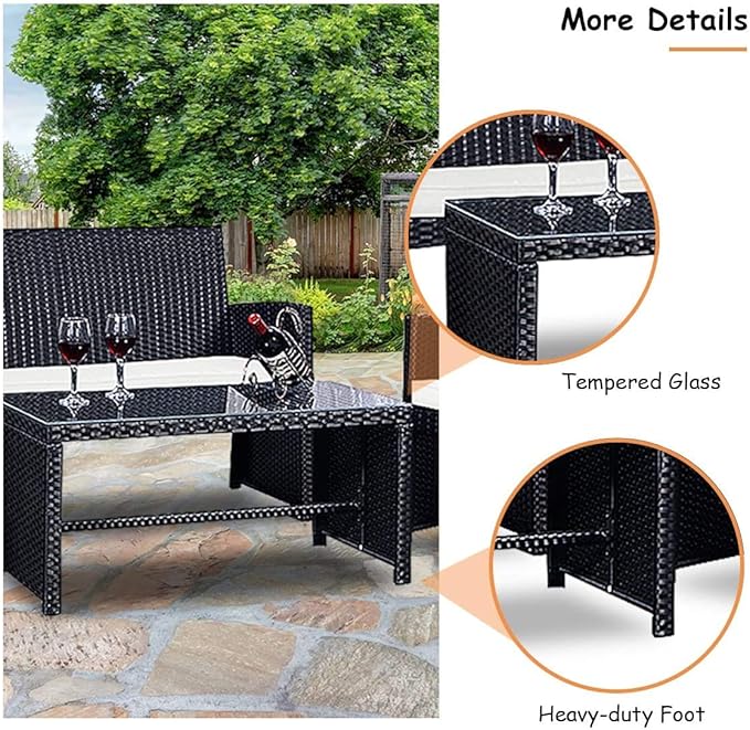 LDAILY LUARANE 4-Piece Rattan Sofa Set w/Soft Weather Resistant Cushions and Tempered Glass Tabletop, Outdoor Patio Furniture Set for Garden, Poolside, Weaving Rattan Conversation Sofa