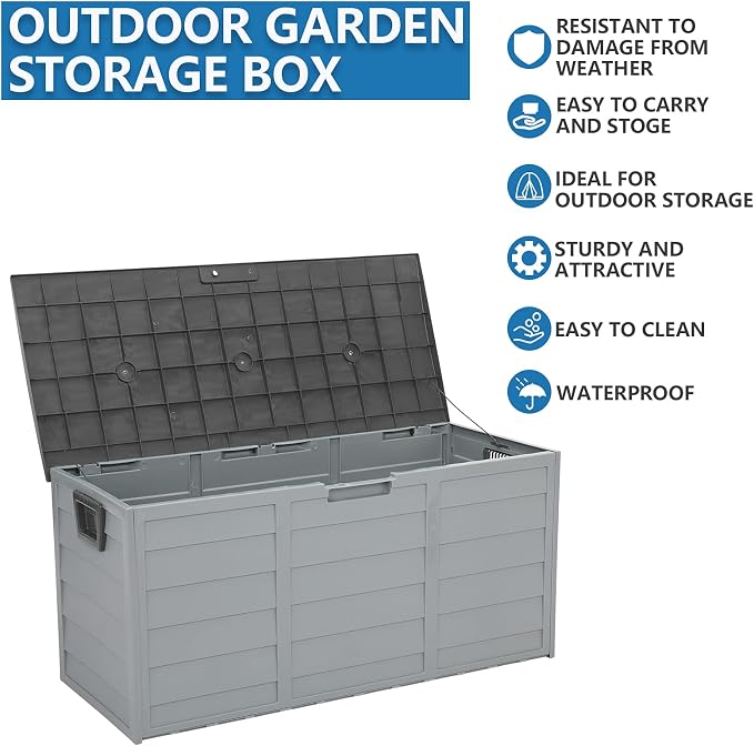 75 Gallon Outdoor Deck Box, Lockable Patio Outdoor Storage Box with Wheels, Waterproof Deck Storage Boxs for Furniture, Garden Tools Poolside and Tools Storage, Grey