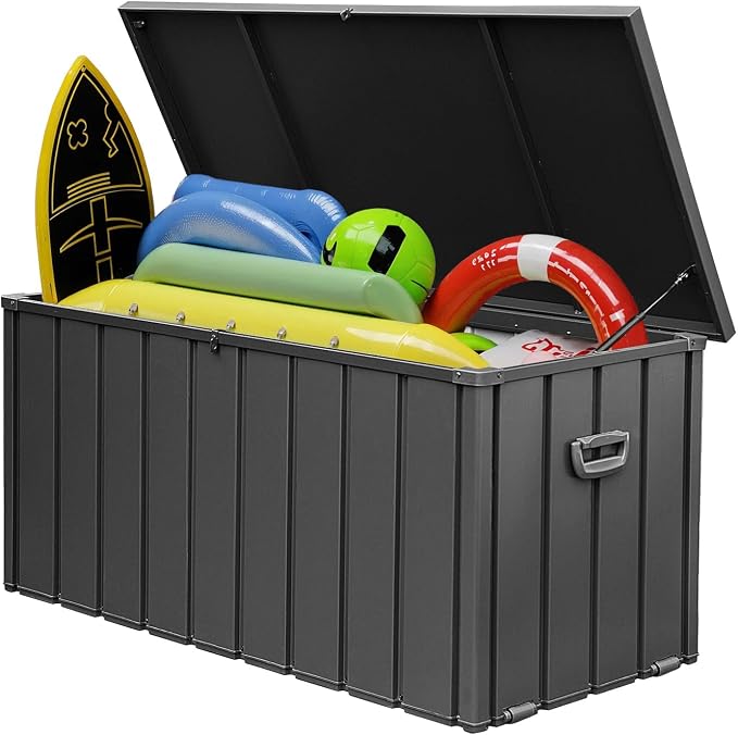Domi 100 Gallon Deck Box, Metal Outdoor Storage Box with Lock Wheels, Waterproof Outside Storage Box for Patio Cushions