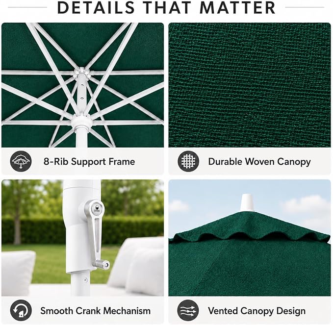Treasure Garden 9ft Patio Umbrella - Outdoor Furniture Market Umbrella – Deluxe Auto-Tilt – White Aluminum Frame (Sunbrella, Forest Green)