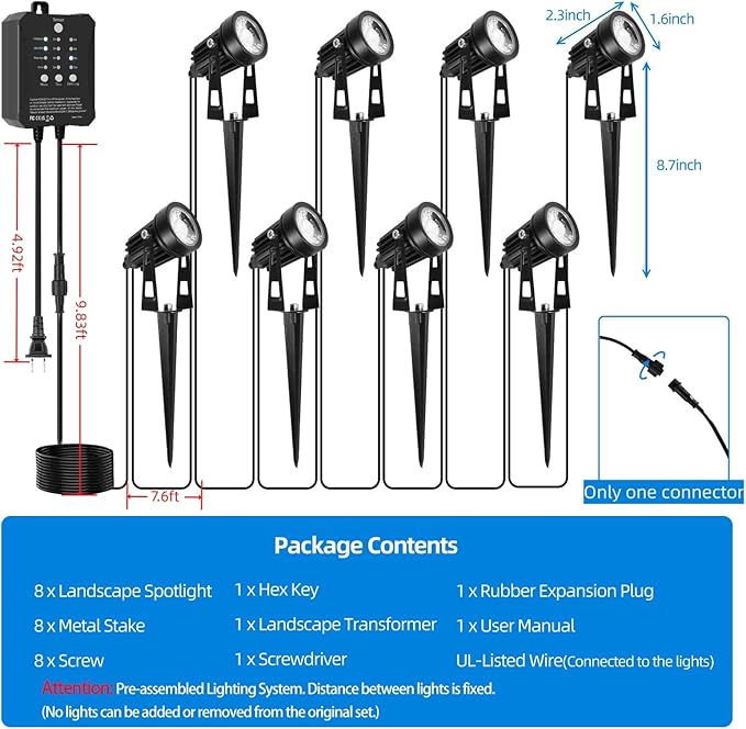 All-in-One Low Voltage Landscape Lighting, Dusk to Dawn Transformer Timer, Waterproof Spotlights, Dimmable LED Outdoor Landscaping Lights Kit for Yard Backyard Tree House 24V (8 pack warm white)