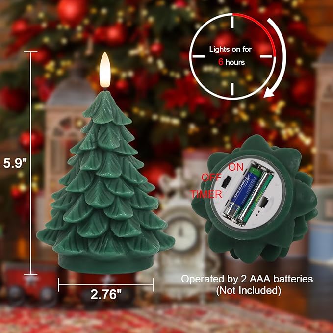 Christmas Tree Shaped LED Candles with 6H Timer, 2 Pcs Flameless Pillar Candles Flickering, Battery Operated LED Candle with 3D Flame Wick, Green Candles for Home Décor Christmas Gifts