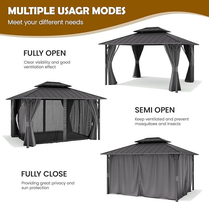UDPATIO 12'x14' Hardtop Gazebo, Permanent Patio Pavilion with Breathable Netting and Privacy Curtain for Dining Party, Grey