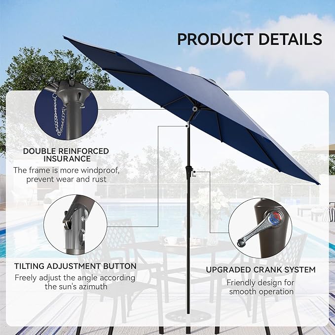 Nalupatio 10ft Outdoor Patio Umbrella,Table Umbrella,Yard Umbrella,Heavy-Duty Round Market Umbrella with 8 Sturdy Ribs,Push Button Tilt and Crank for Garden,Deck,Backyard,Pool-Navy