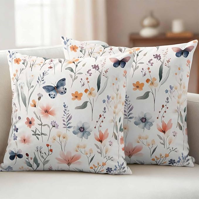 Spring Flower Butterfly Outdoor Waterproof Throw Pillow Covers Set of 2, 18"x18", Retro Watercolor Floral Leaf Decorative Pillow Covers Outside Cushion Case for Patio Porch Garden