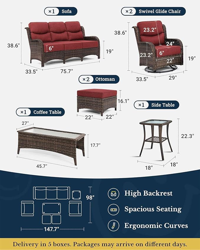 HILLGA Luxury Patio Furniture Set with 6-Inch Thick Cushions, High Back Outdoor Swivel Rocker Chairs and Patio Couch, 7-Piece All Weather Conversation Set for Porch Deck Pool Yard, Burgundy (V3)