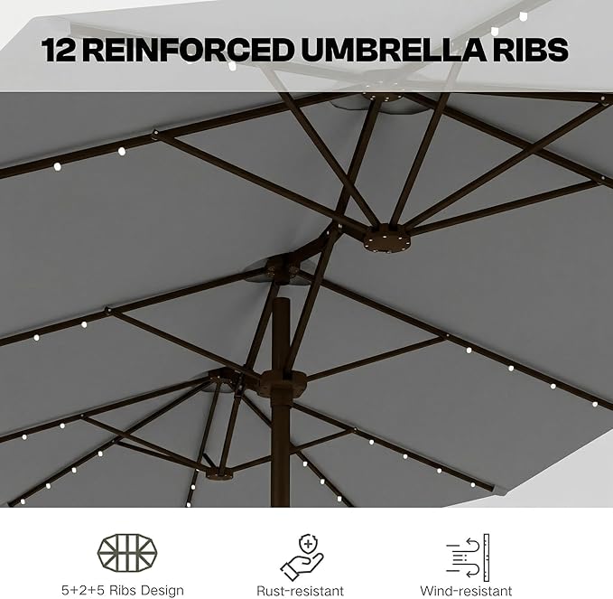 15ft Large Patio Umbrella with Solar Lights and Base, Double-Sided Outdoor Rectangle Umbrella with 48 LED Lights, Market Table Umbrellas with UV Resistant Canopy, Gray
