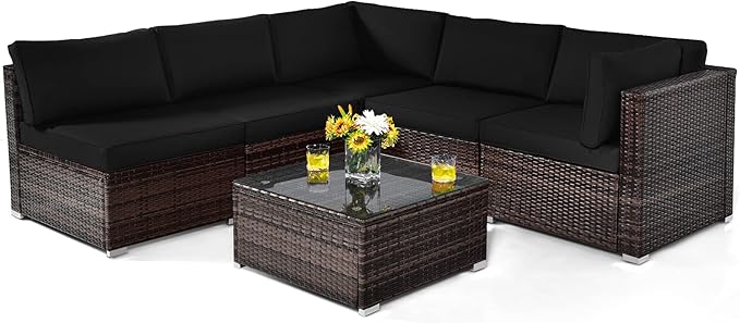 Tangkula 6 Pieces Patio Furniture Set, Outdoor Wicker Conversation Set with Glass Coffee Table, Wicker Sofa Set with Back & Seat Cushions, Rattan Sectional Conversation Couch Set for Backyard Garden