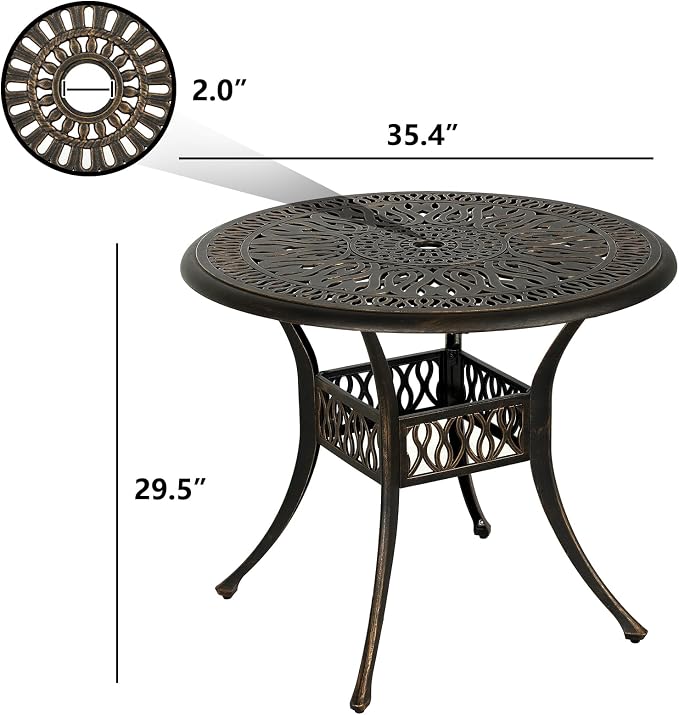 Grepatio 35.4" Round Patio Bistro Table Outdoor Dining Table Cast Aluminum with Umbrella Hole Conversation Table, Antique Bronze (35.4" Round Table)