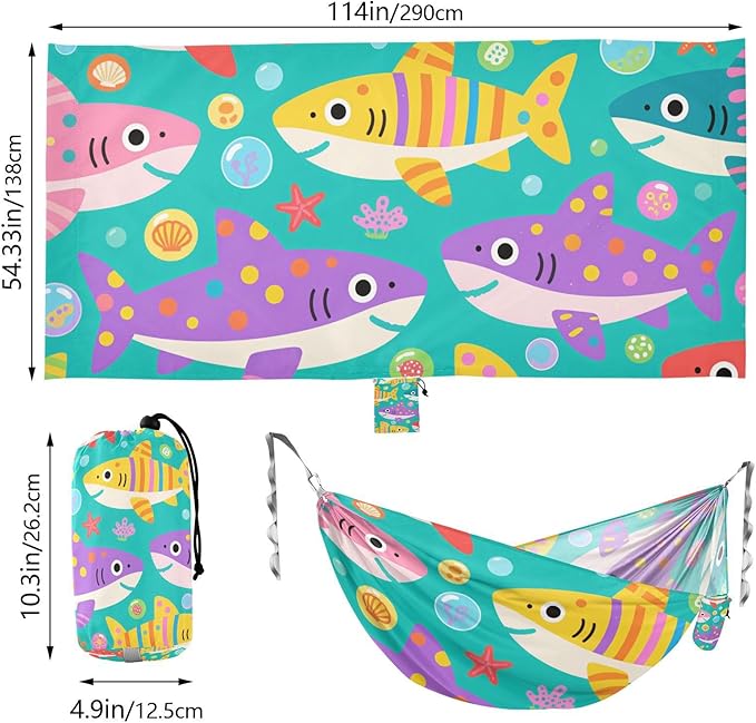 Cute Cartoon Colorful Sharks 330lb Capacity Hammocks with Hanging Rope Hanging Hammock for Outside Patio Backyard Poolside hamacas para adultos