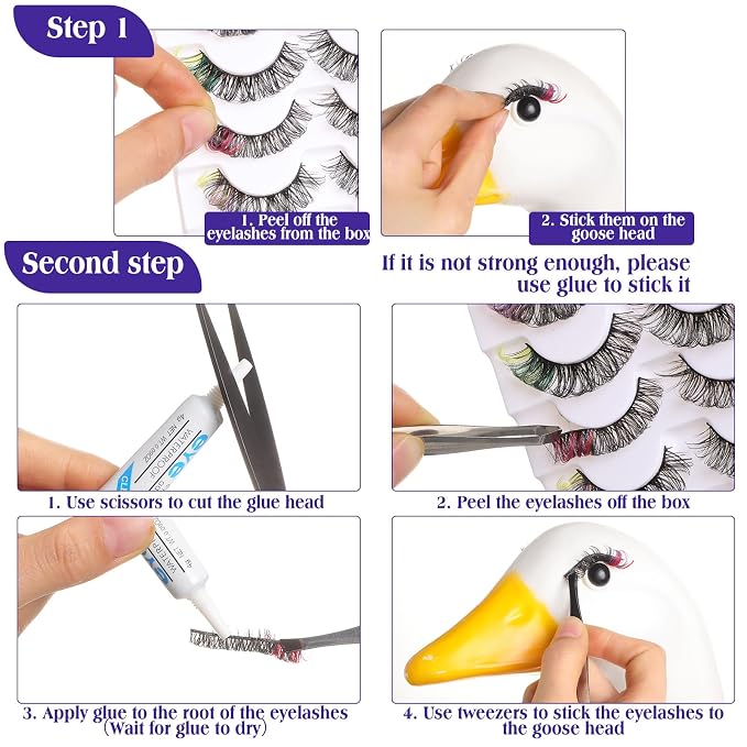 Geelin 7 Pcs Porch Goose Outfit Eyelash for 23/17'' Plastic Lawn Goose Statue Reusable Mink Fake Lashes End 3D Salon Eyelashes for Lawn Patio Art Decoration(Classic,Multicolor)